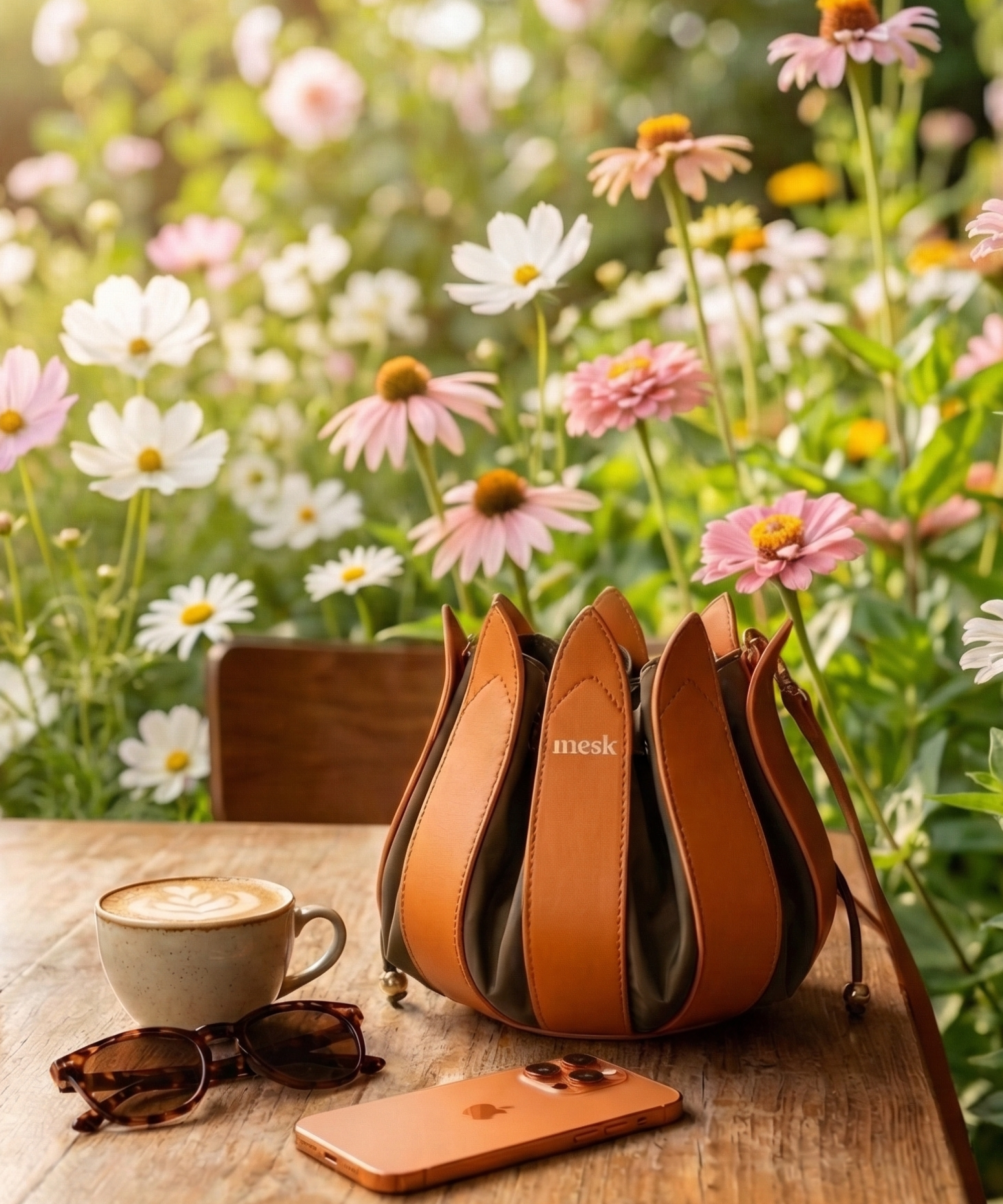 Mesk Tulip Bag in a flower garden